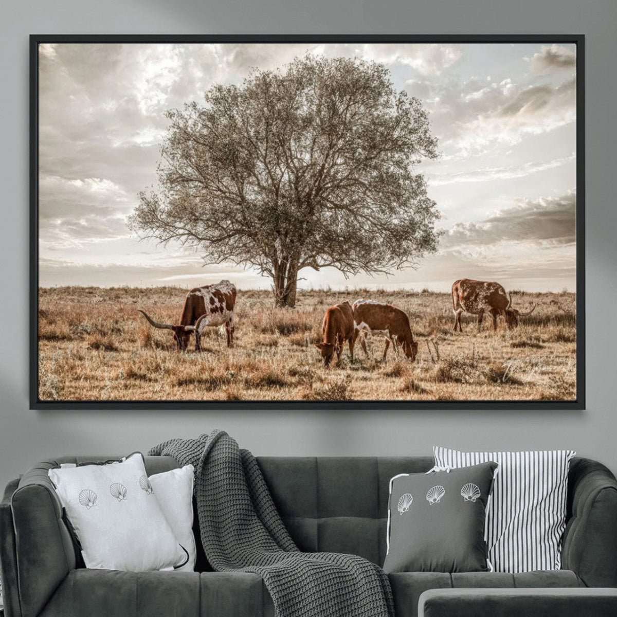 Texas Longhorn Cattle Wall Art, Rustic Western Ranch Canvas