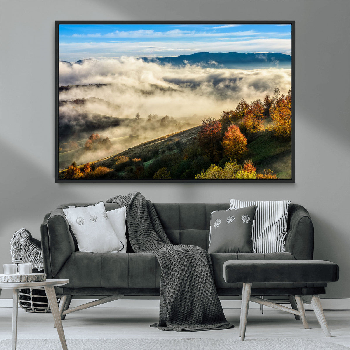 Misty Autumn Hills Wall Art Canvas Print, Foggy Forest