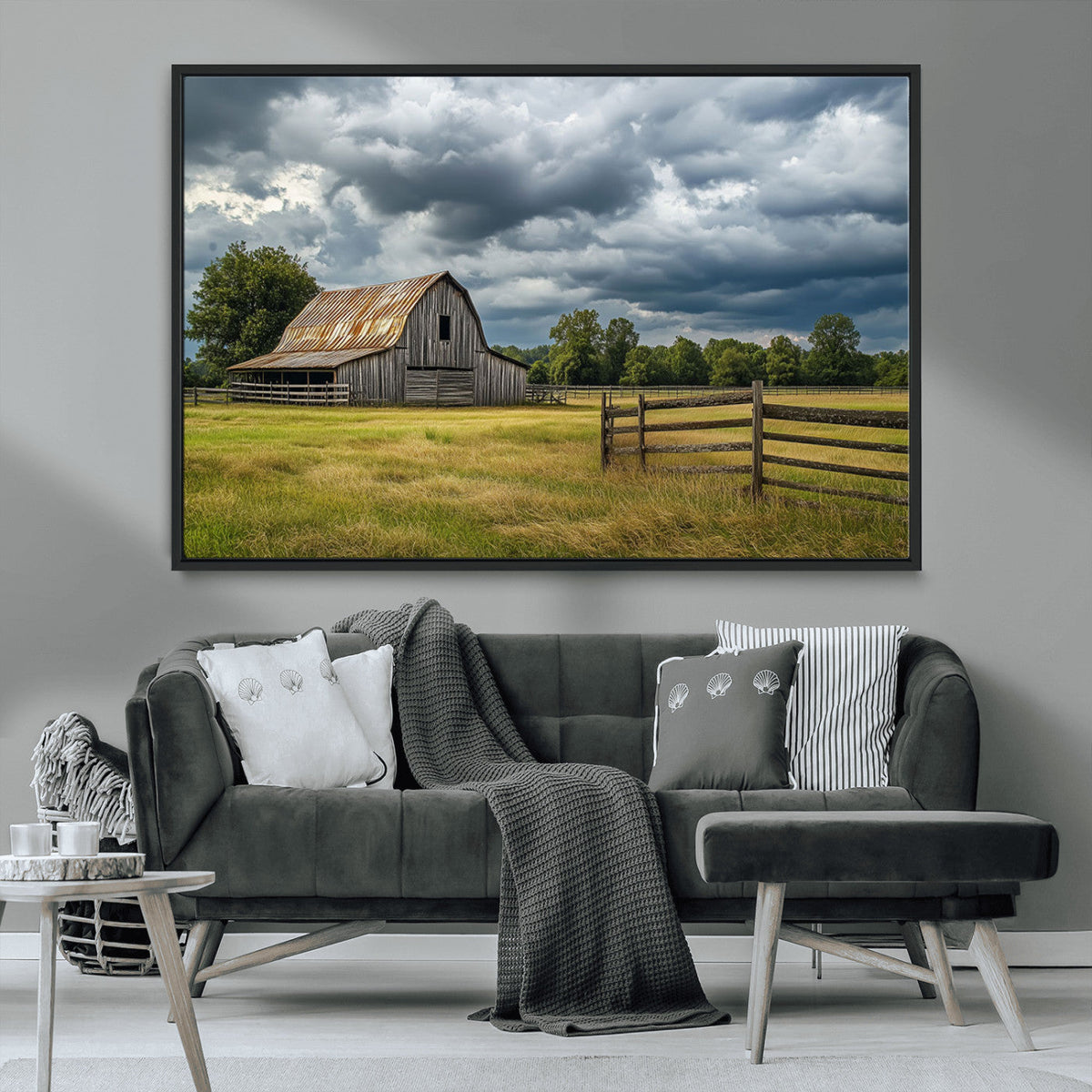 Rustic Stormy Barn Wall Art Canvas Print, Moody Country Farm