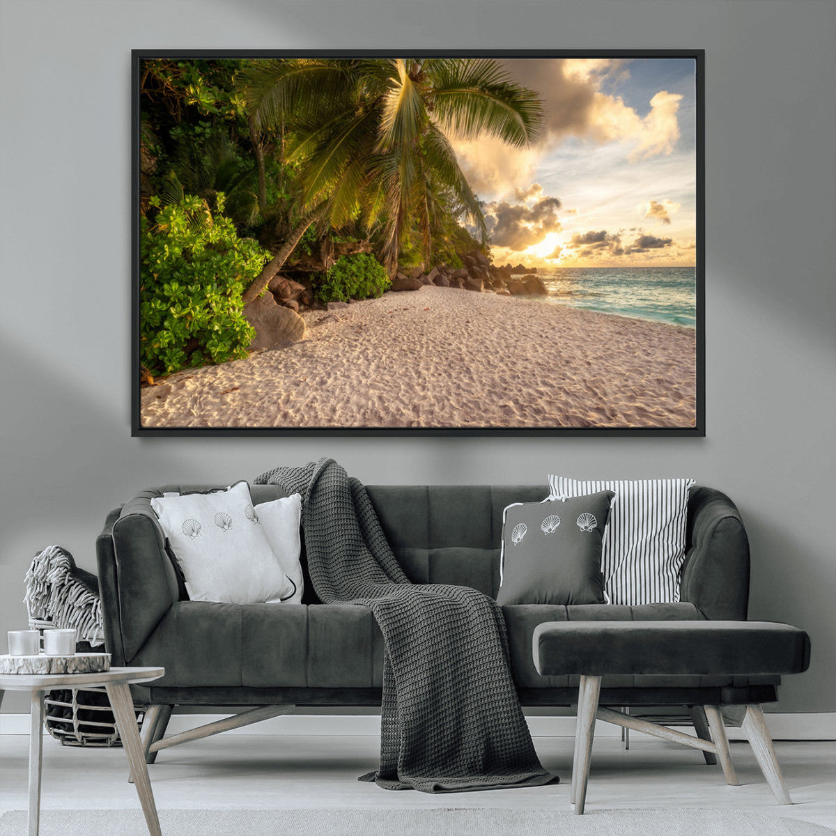 Tropical beach sunset, palm trees, white sand, ocean waves,