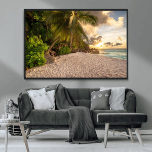 Tropical beach sunset, palm trees, white sand, ocean waves,