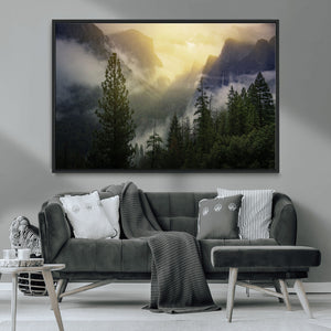 Misty Mountain Valley Wall Art Canvas Print, Golden Sunrise