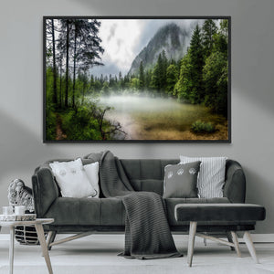 Misty Lake Forest Wall Art – Green Trees Calm Water