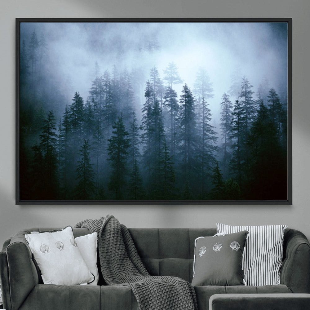 Foggy Evergreen Pines Wall Art – Mist Forest Blue Haze Moody