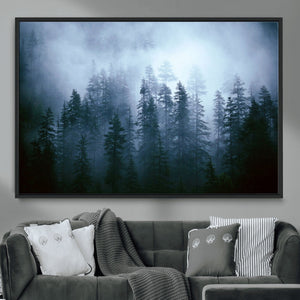 Foggy Evergreen Pines Wall Art – Mist Forest Blue Haze Moody