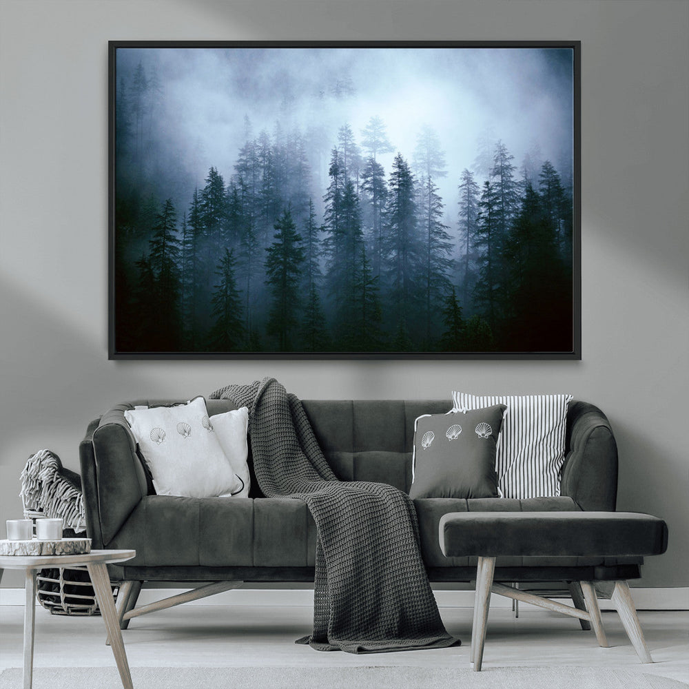 Foggy Evergreen Pines Wall Art Canvas Print, Mist Forest and