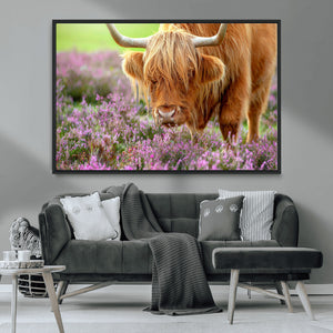 Highland Cow Wall Art – Purple Flowers Pasture Scenic
