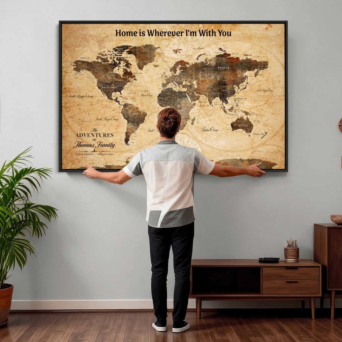 Vintage World Map Canvas Wall Art Print, Personalized