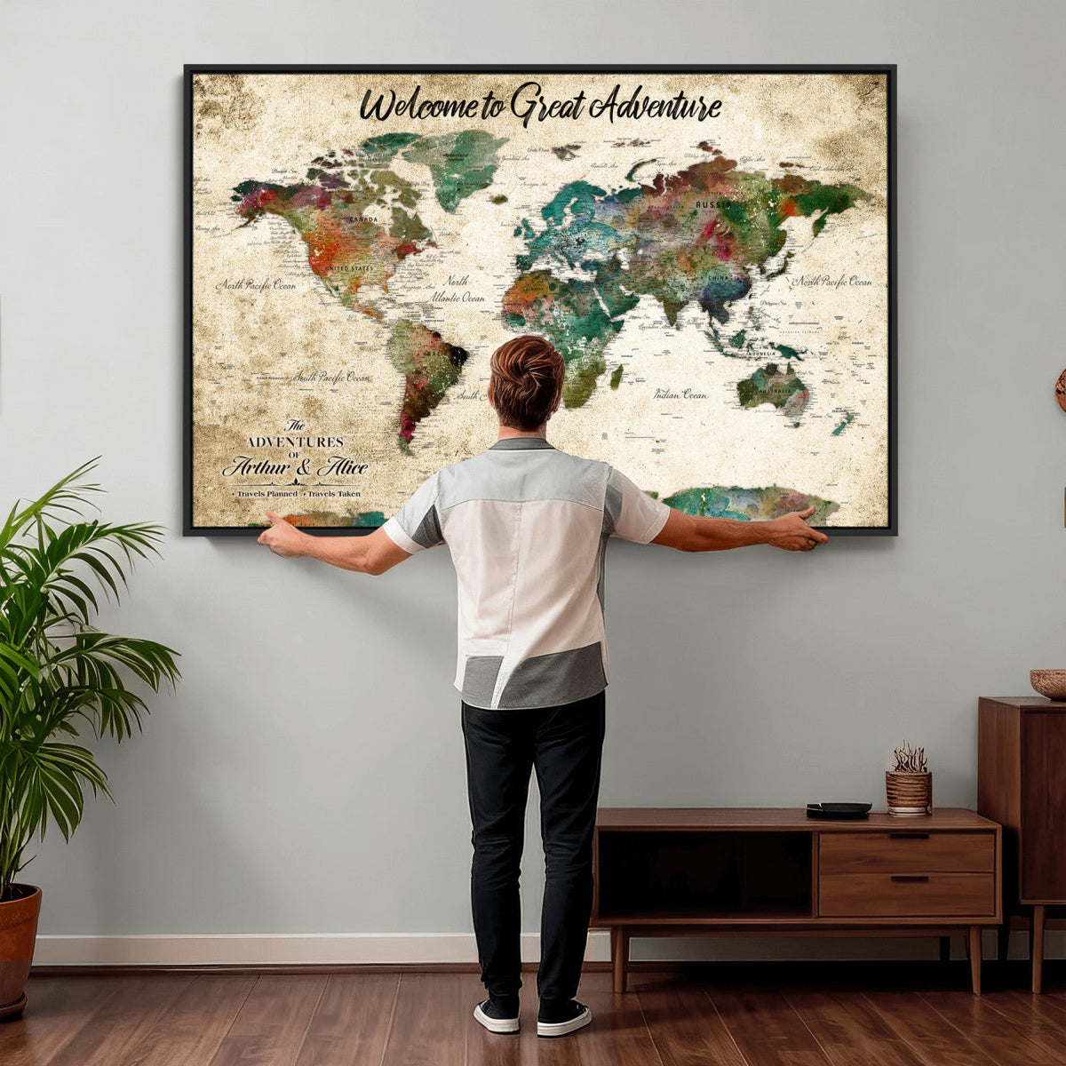 Grunge Personalized World Map Wall Art Canvas Print – Custom