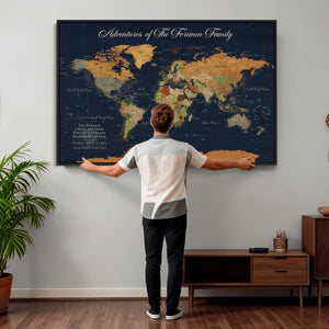 Custom Push Pin World Map Wall Art Canvas Print – Personalized Travel Tracker with Pins Framed Large for Home and Office Decor