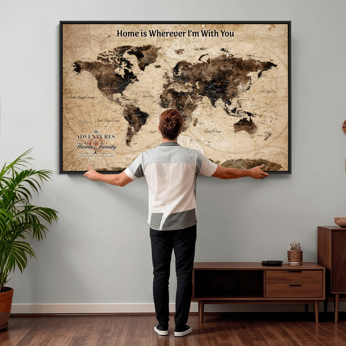 Personalized Framed World Map Wall Art Canvas Print – Custom