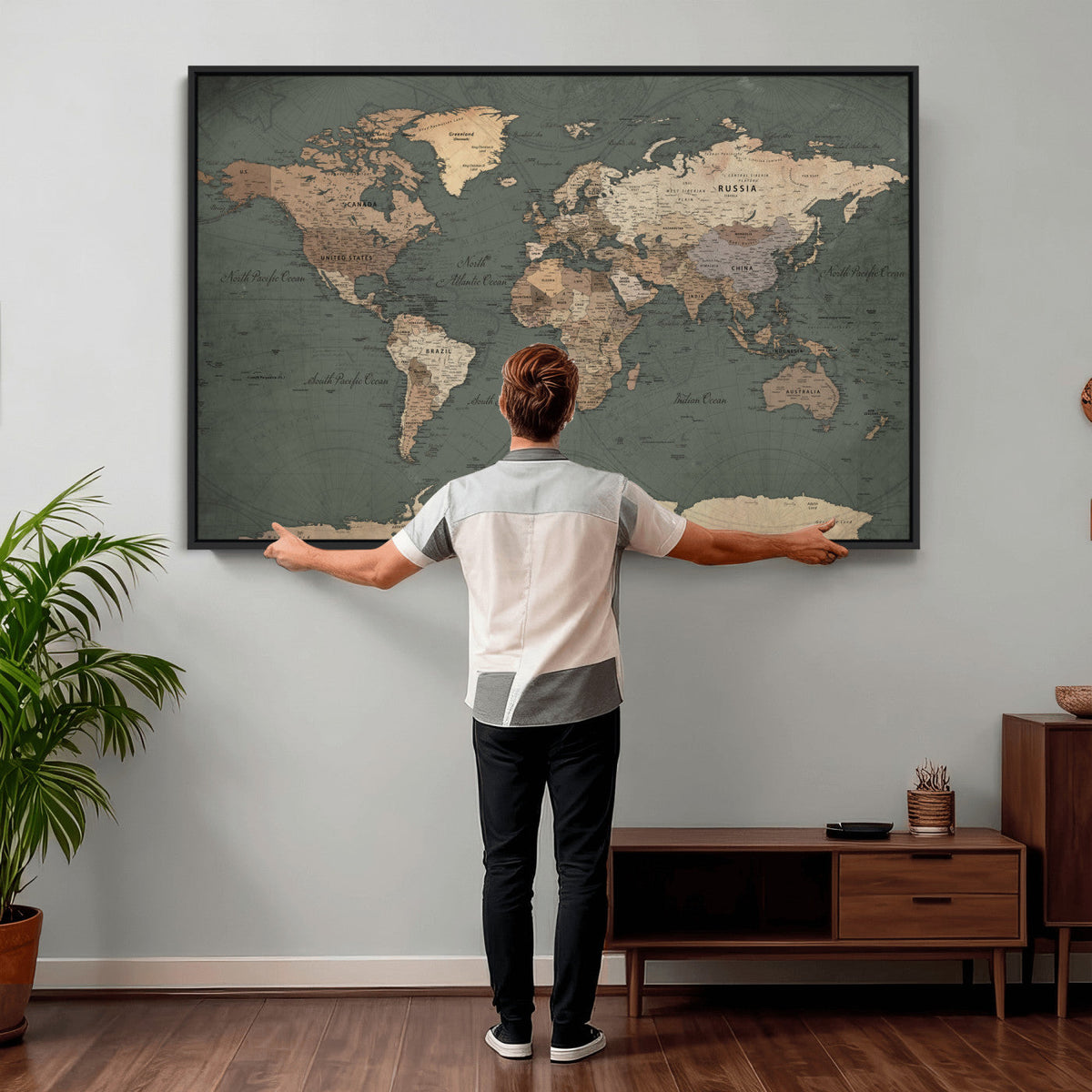 Rustic Black and Wood World Map Canvas Wall Art – Framed