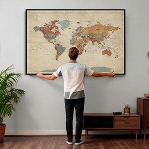 Vintage World Map Canvas Wall Art Print – Framed Modern