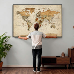 Rustic Vintage World Map Canvas Print – Framed Modern
