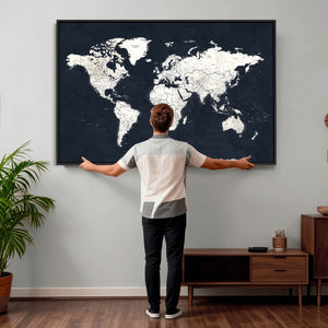 Black World Map Wall Art Canvas Print for Home Office and