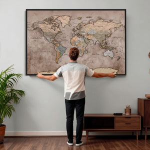 Grunge World Map Canvas Wall Art - Vintage Aged World Map
