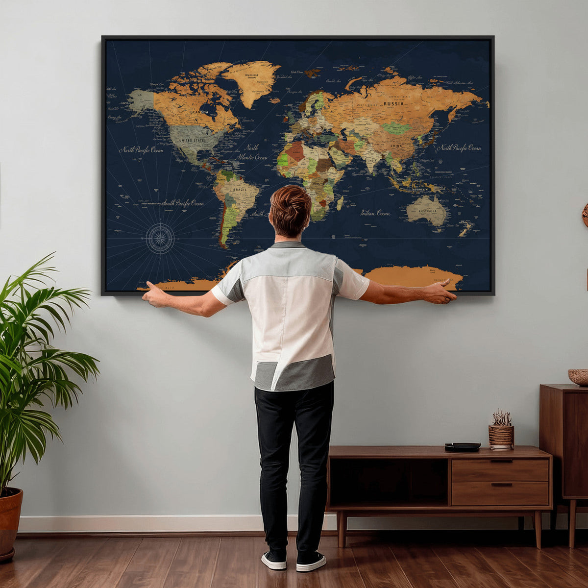 Modern World Map Canvas Print – Framed Detailed Map of the