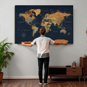 Modern World Map Canvas Print – Framed Detailed Map of the