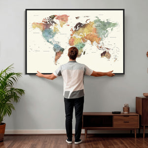 Framed World Map Wall Art Canvas Print for Living Room and