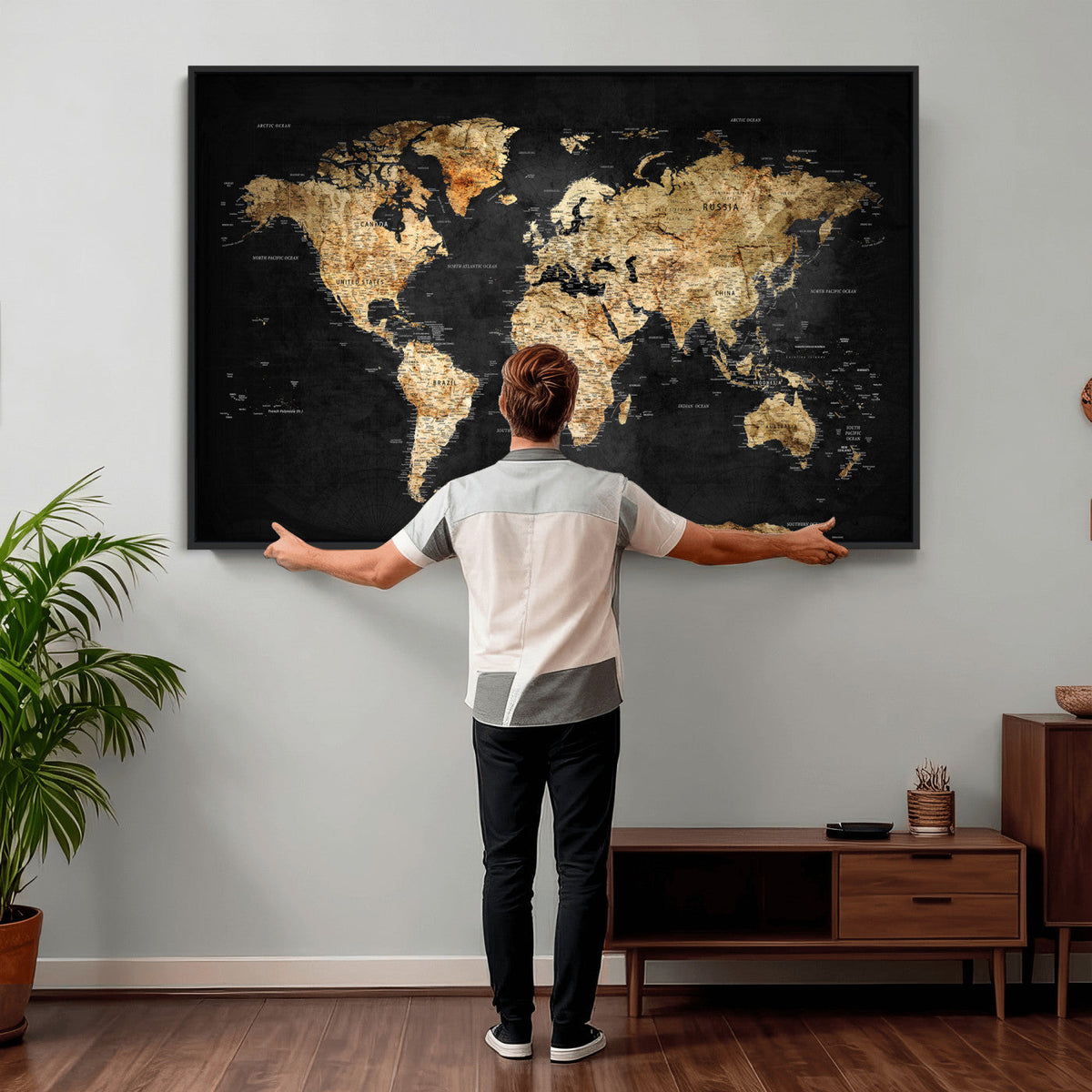 World Map Canvas Wall Art with Famous Landmarks – Framed