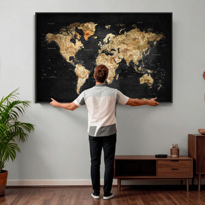 World Map Canvas Wall Art with Famous Landmarks – Framed