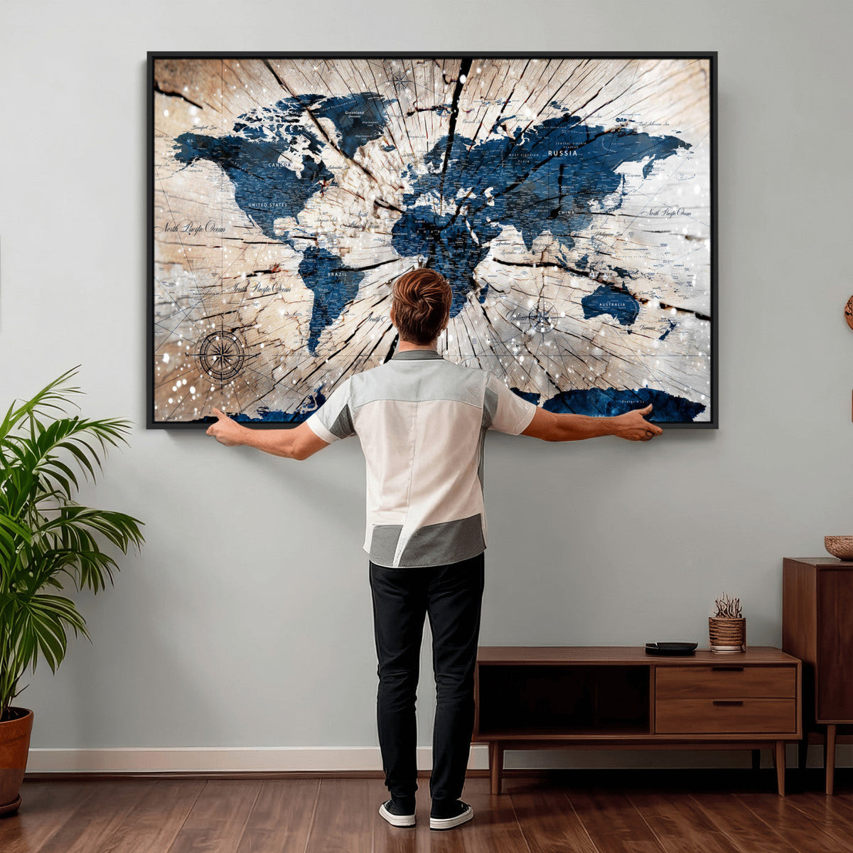 Rustic World Map Canvas Print – Framed Wall Art for Couples,