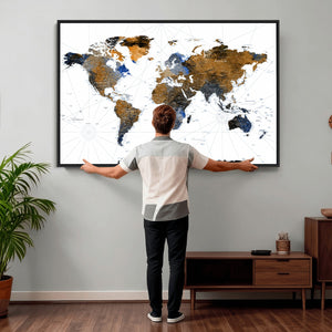 World Map Wall Art Canvas Print, Modern Decorative Framed