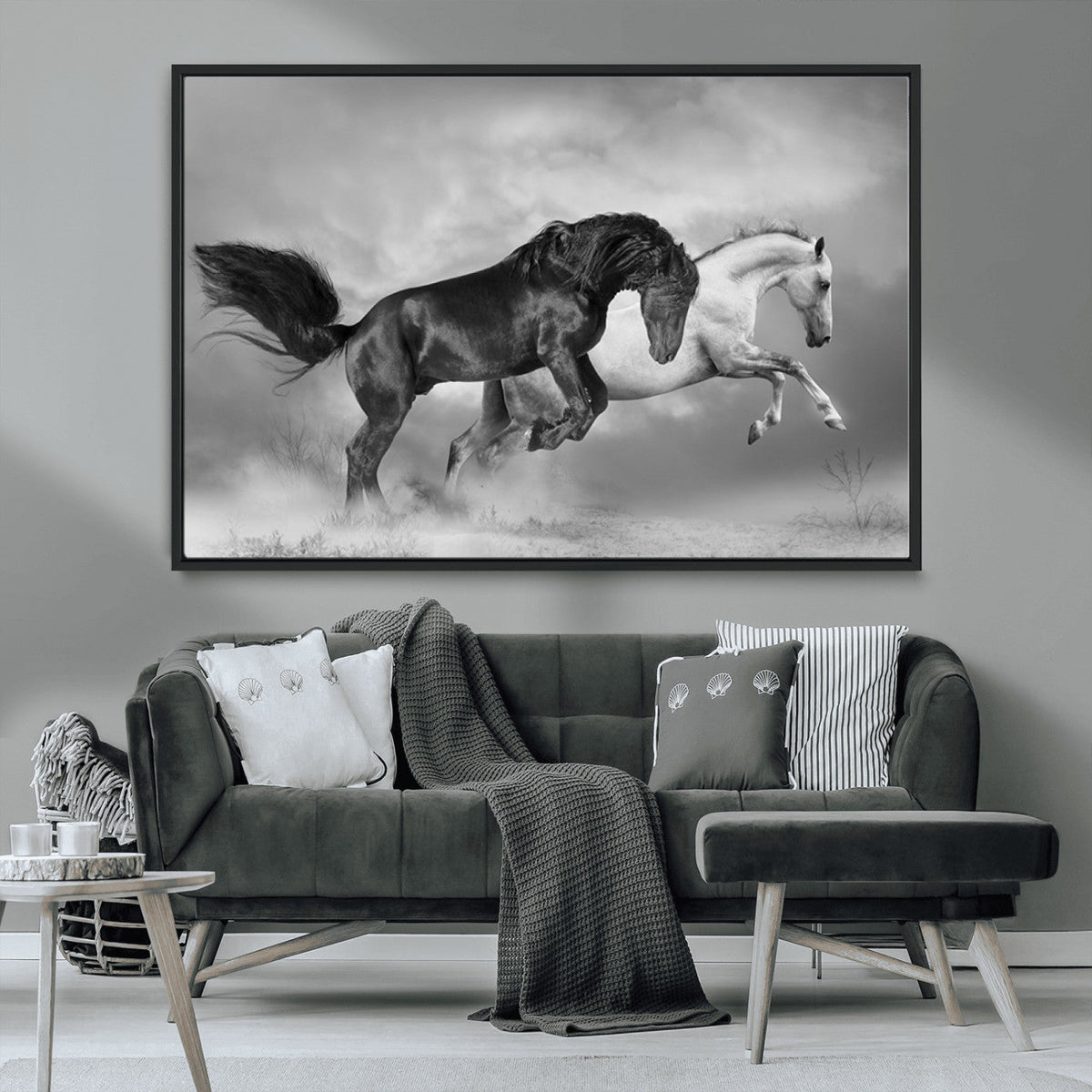 Wild Horses Wall Art Canvas Print – Framed Black and White