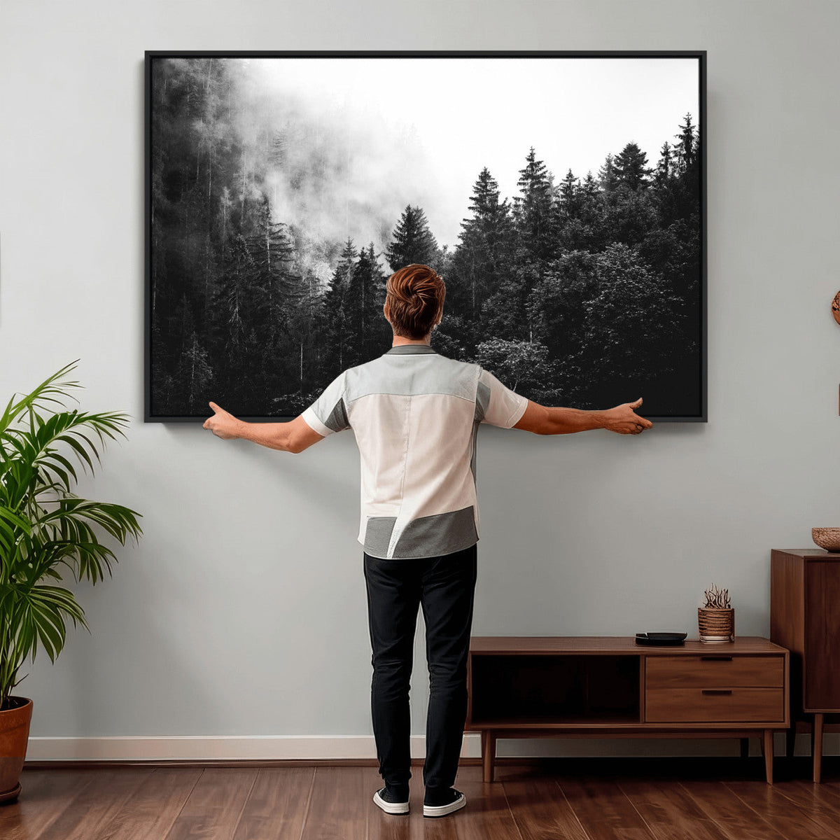 Black White Forest Wall Art Canvas Print, Misty Pine Tree