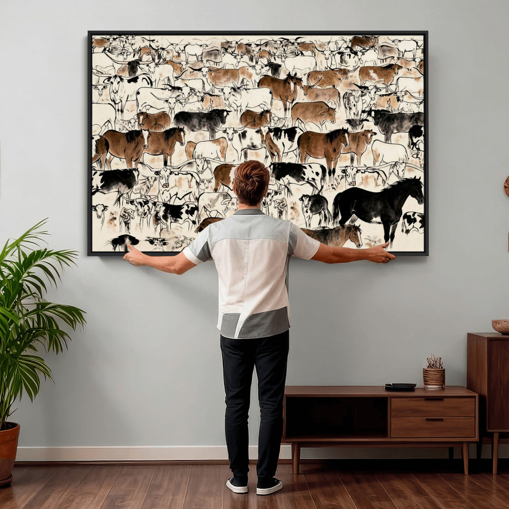 Farmhouse Animals Horse Longhorn Cow Wall Art Canvas Print -