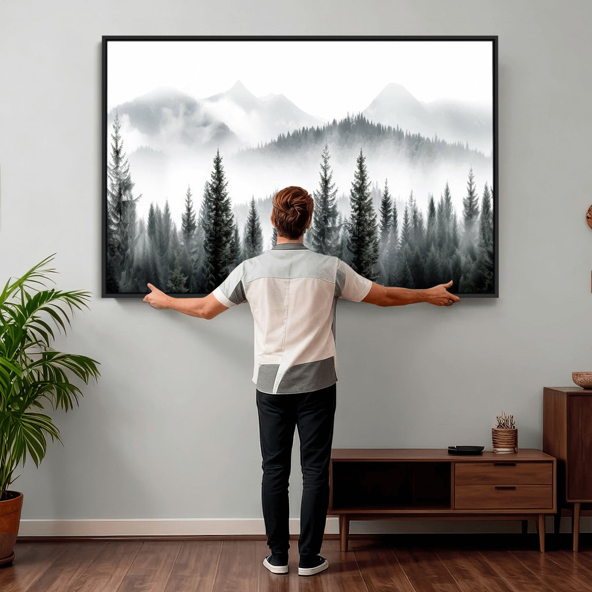 Misty Pine Forest Mountain Landscape Wall Art Canvas Print