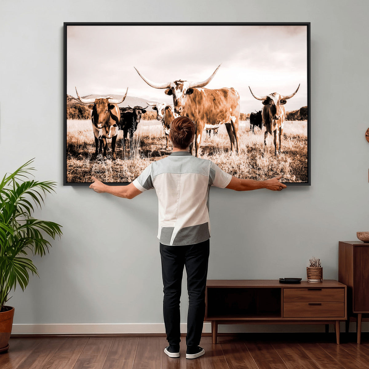 Texas Longhorn Cattle Wall Art Canvas Print, Sepia Western