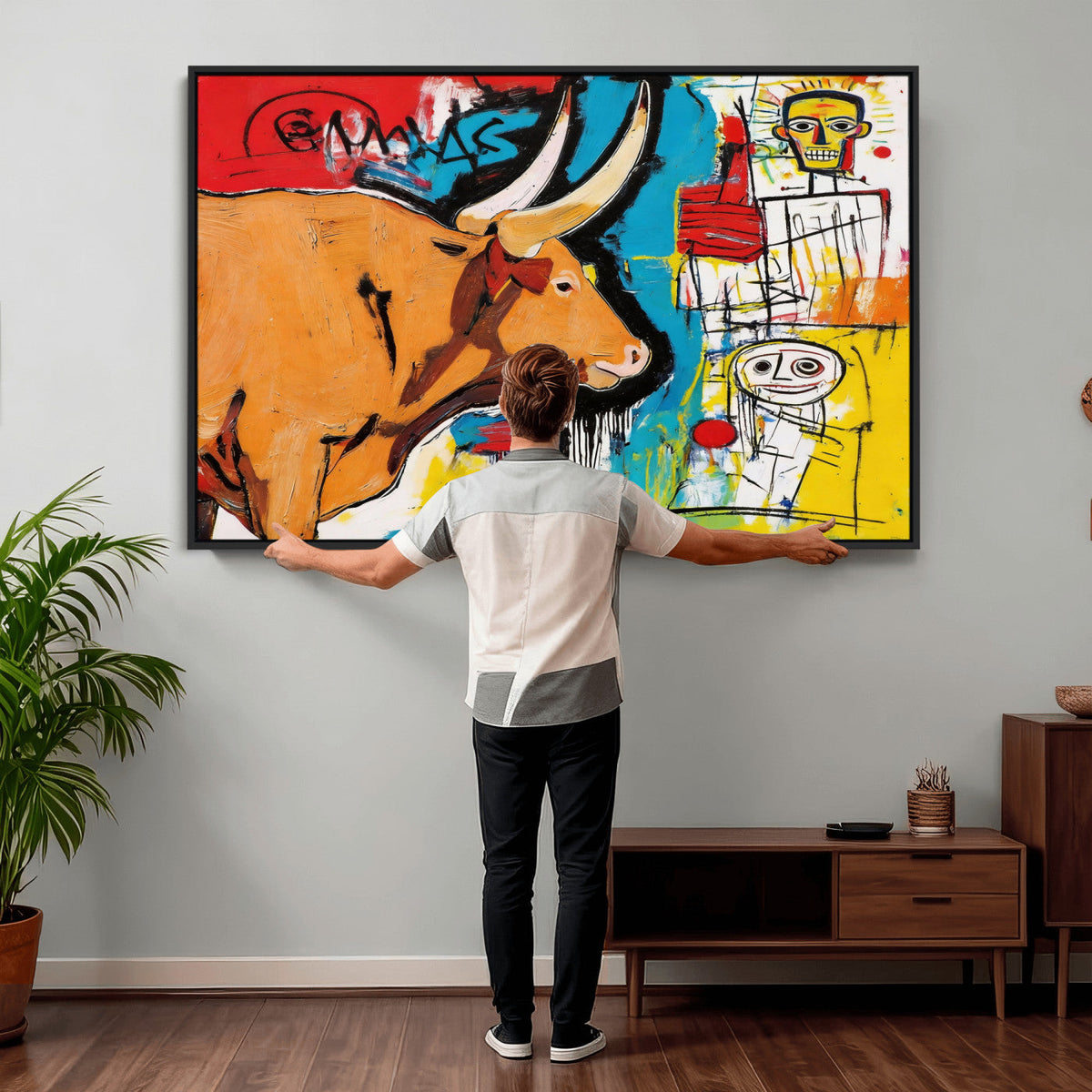 Basquiat Style Bull Graffiti Wall Art Canvas Print, Street