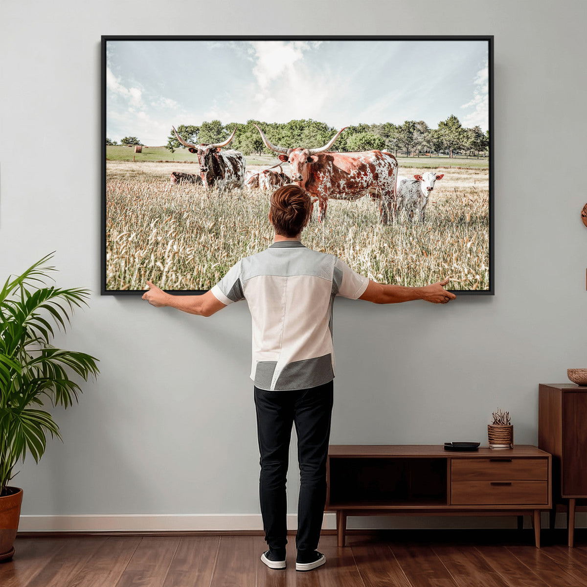 Texas Longhorn Cattle Wall Art Canvas Print, Rustic Ranch
