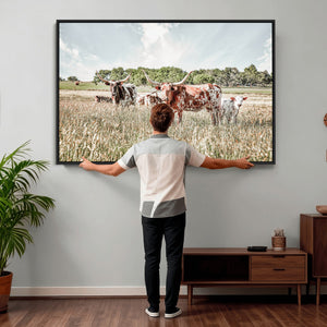Texas Longhorn Cattle Wall Art Canvas Print, Rustic Ranch
