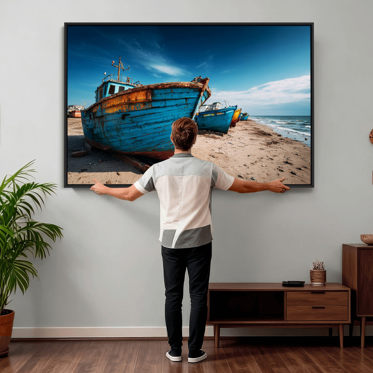 Coastal Fishing Boats Wall Art Canvas Print, Sunset Beach