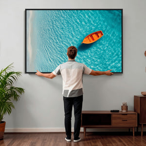 Minimalist Boat Wall Art Canvas Print, Aerial Sea Landscape
