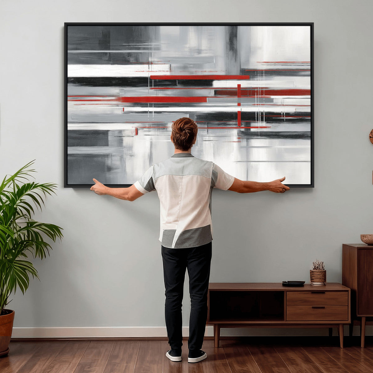 Gray Red Abstract Wall Art Canvas Print, Modern Abstract