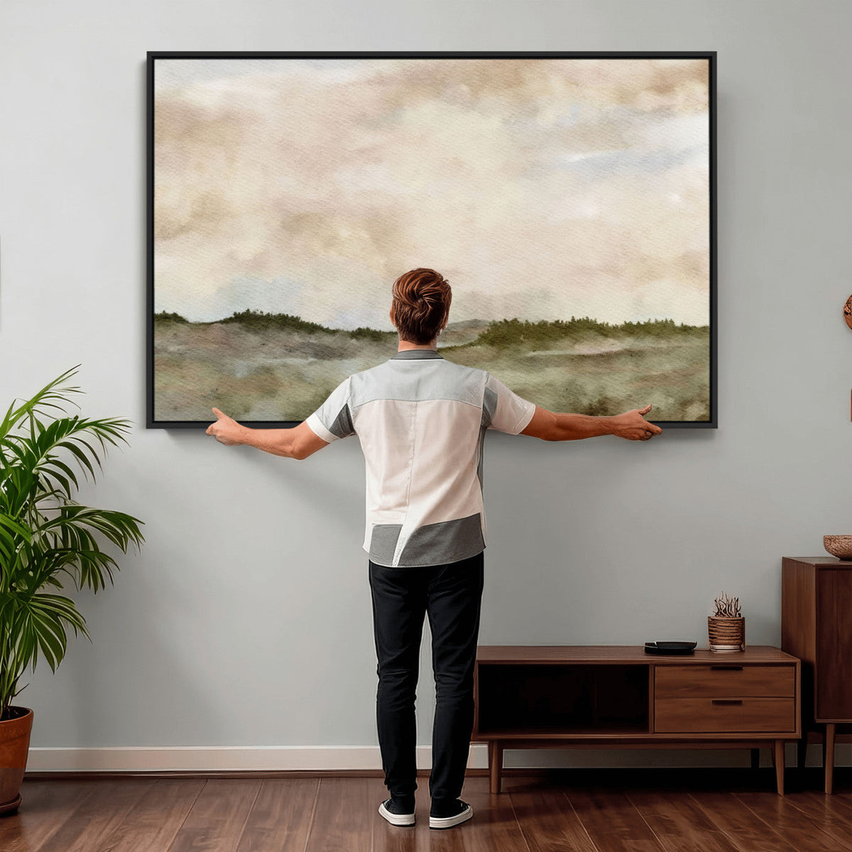 Muted Watercolor Hill Landscape Print — Beige Taupe Cloudy