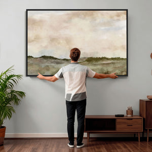 Muted Watercolor Hill Landscape Print — Beige Taupe Cloudy