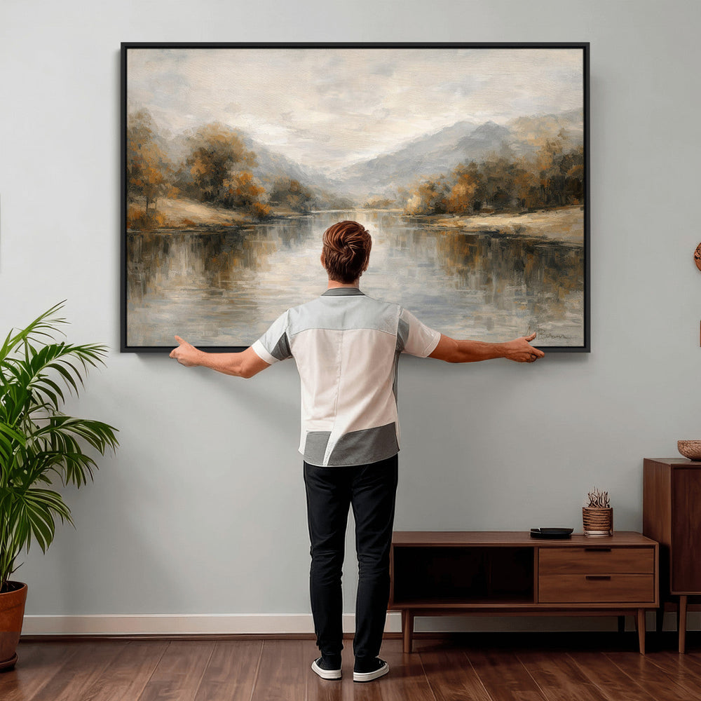 Neutral Abstract River Landscape Wall Art Canvas Print