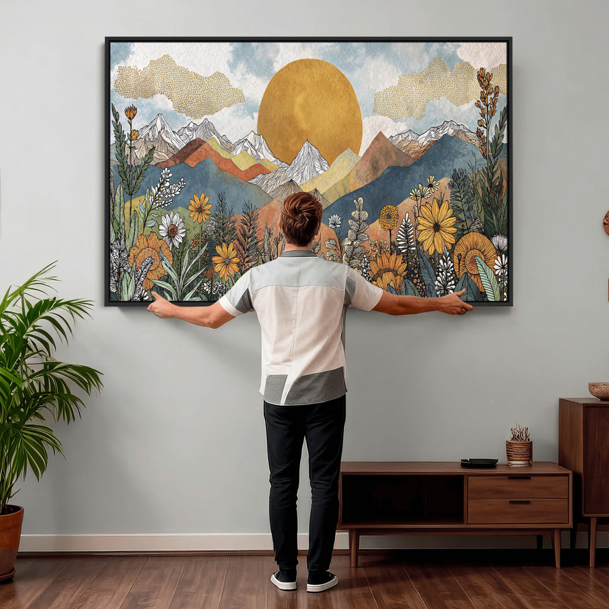 Boho Mountain Landscape Large Wall Art, Horizontal Gold