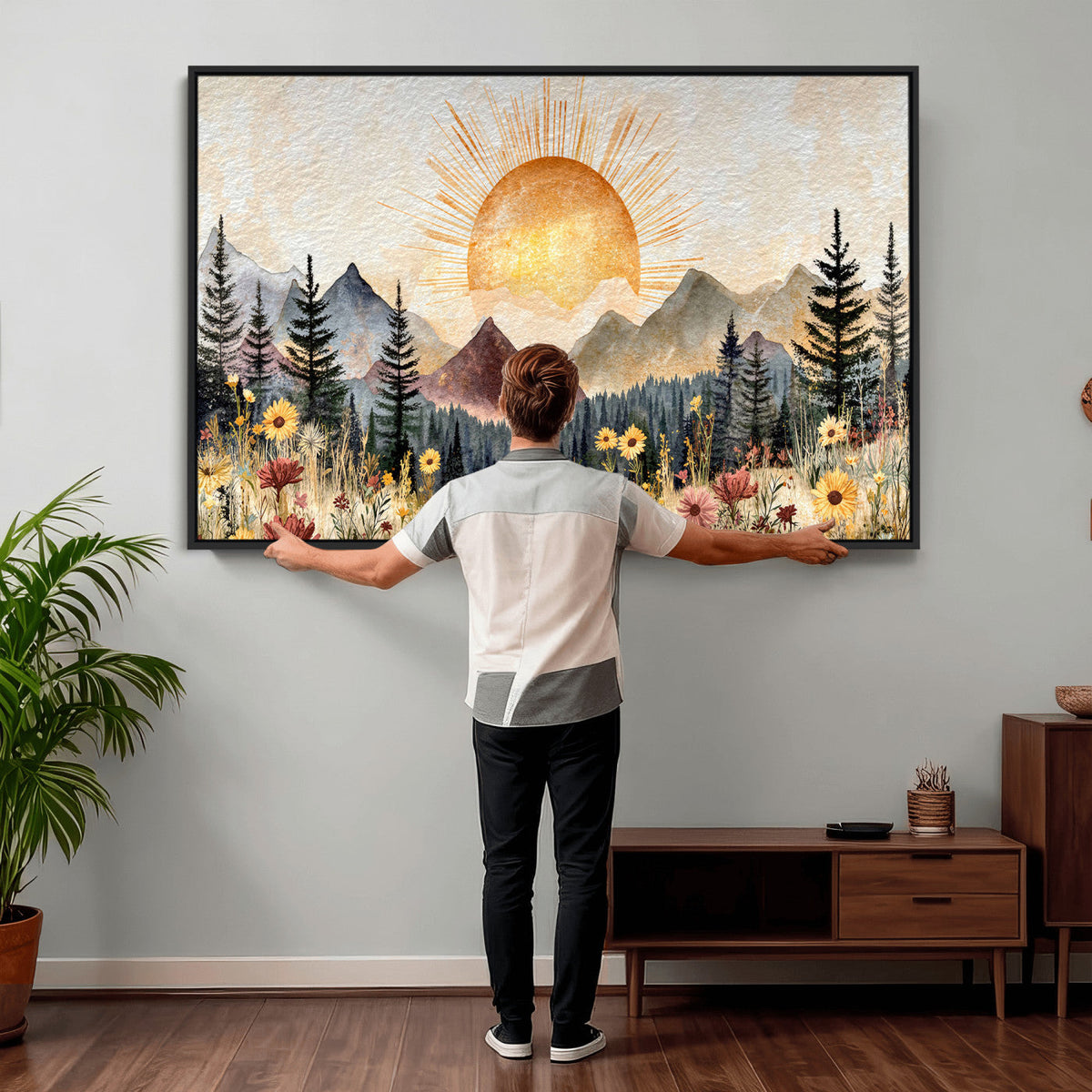 Boho Mountain Landscape Large Wall Art, Horizontal Gold