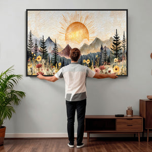 Boho Mountain Landscape Large Wall Art, Horizontal Gold