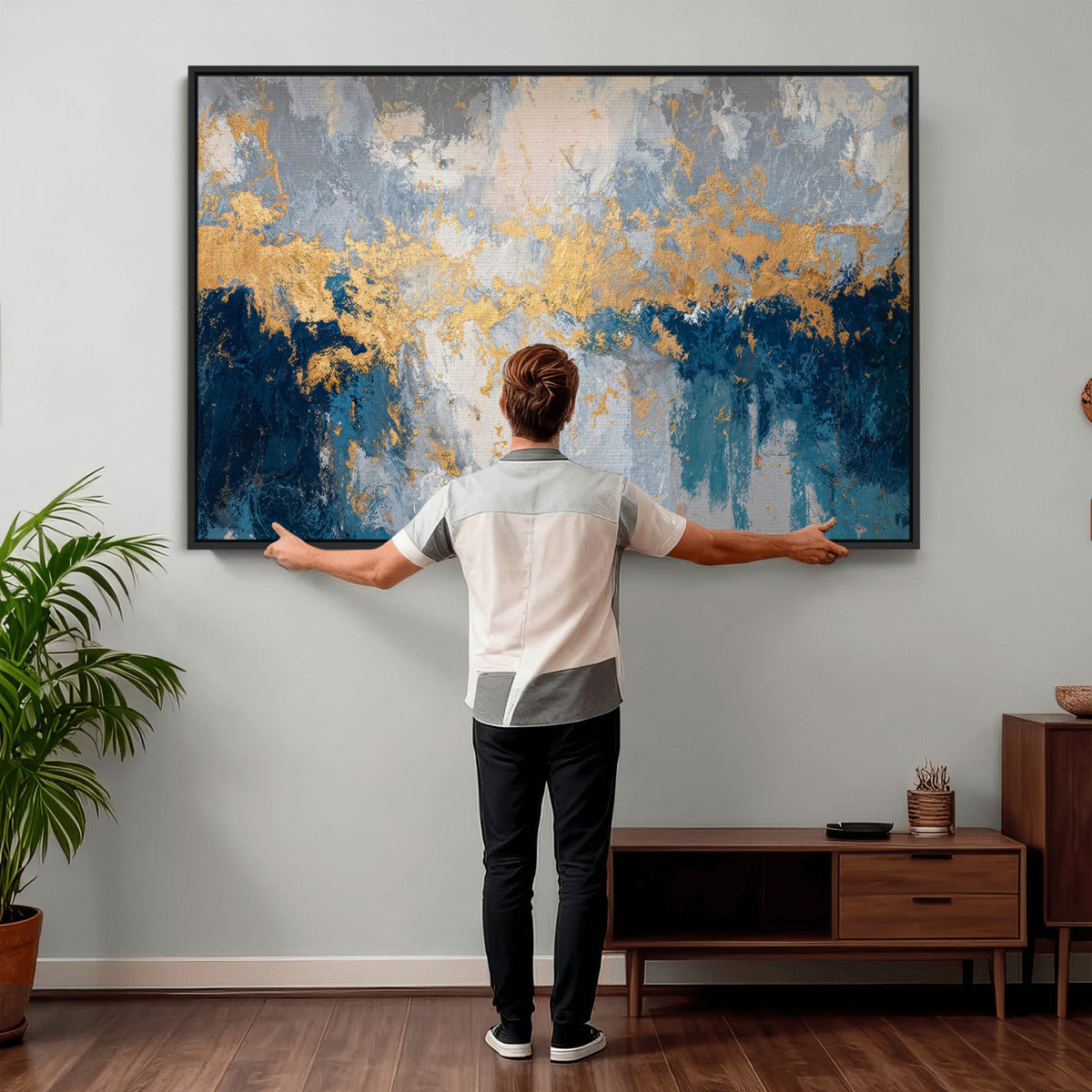 Blue Gold Abstract Large Framed Canvas Wall Art, Modern