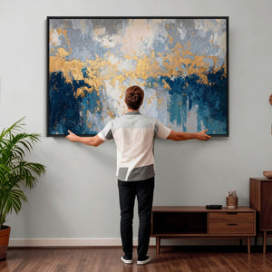Blue Gold Abstract Large Framed Canvas Wall Art, Modern