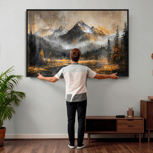 Mountain Lake Canvas Wall Art — Rustic Forest Landscape