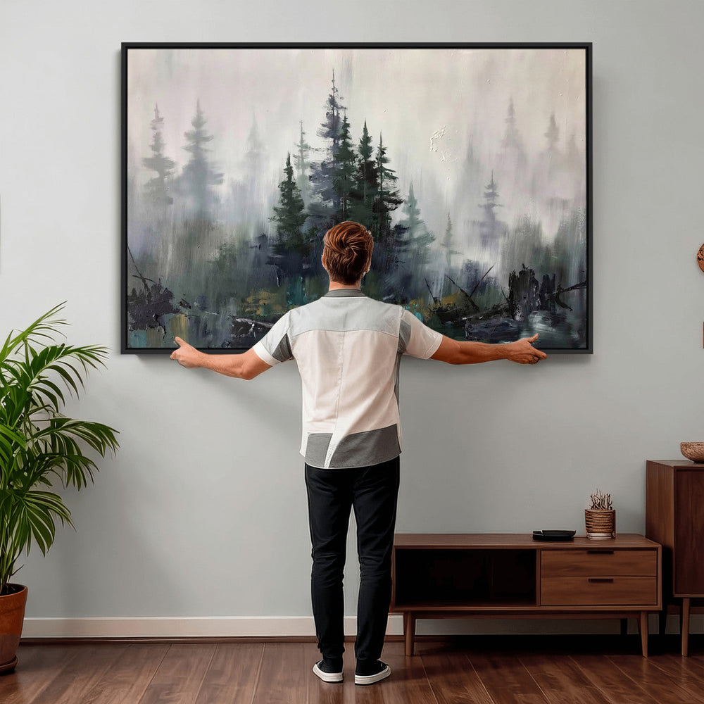 Misty Pine Forest Oil Painting Canvas — Dark Moody Teal Grey