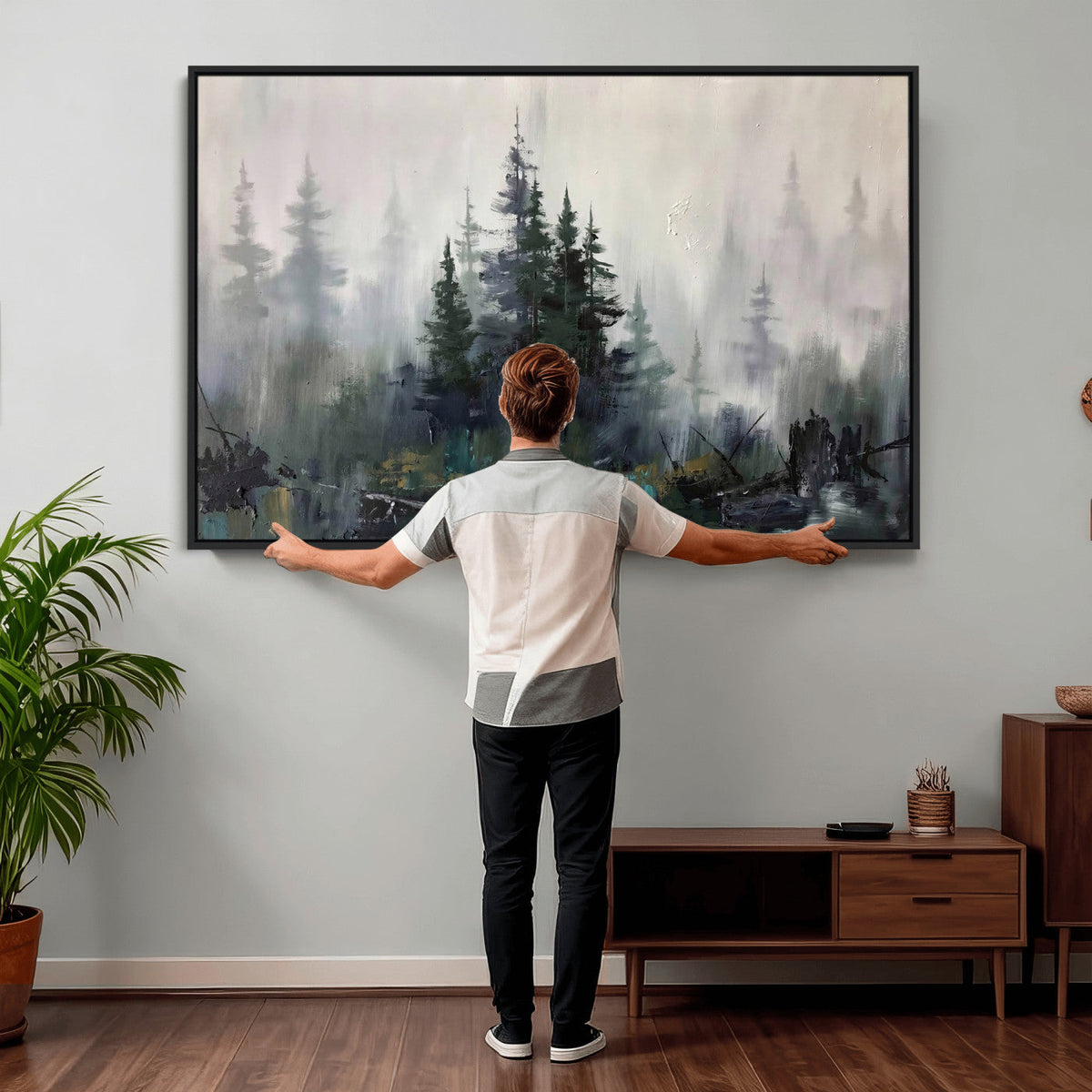 Misty Pine Forest Oil Painting Canvas — Dark Moody Teal Grey