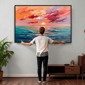 Bold Palette Knife Ocean Sunset Canvas — Orange Pink Teal
